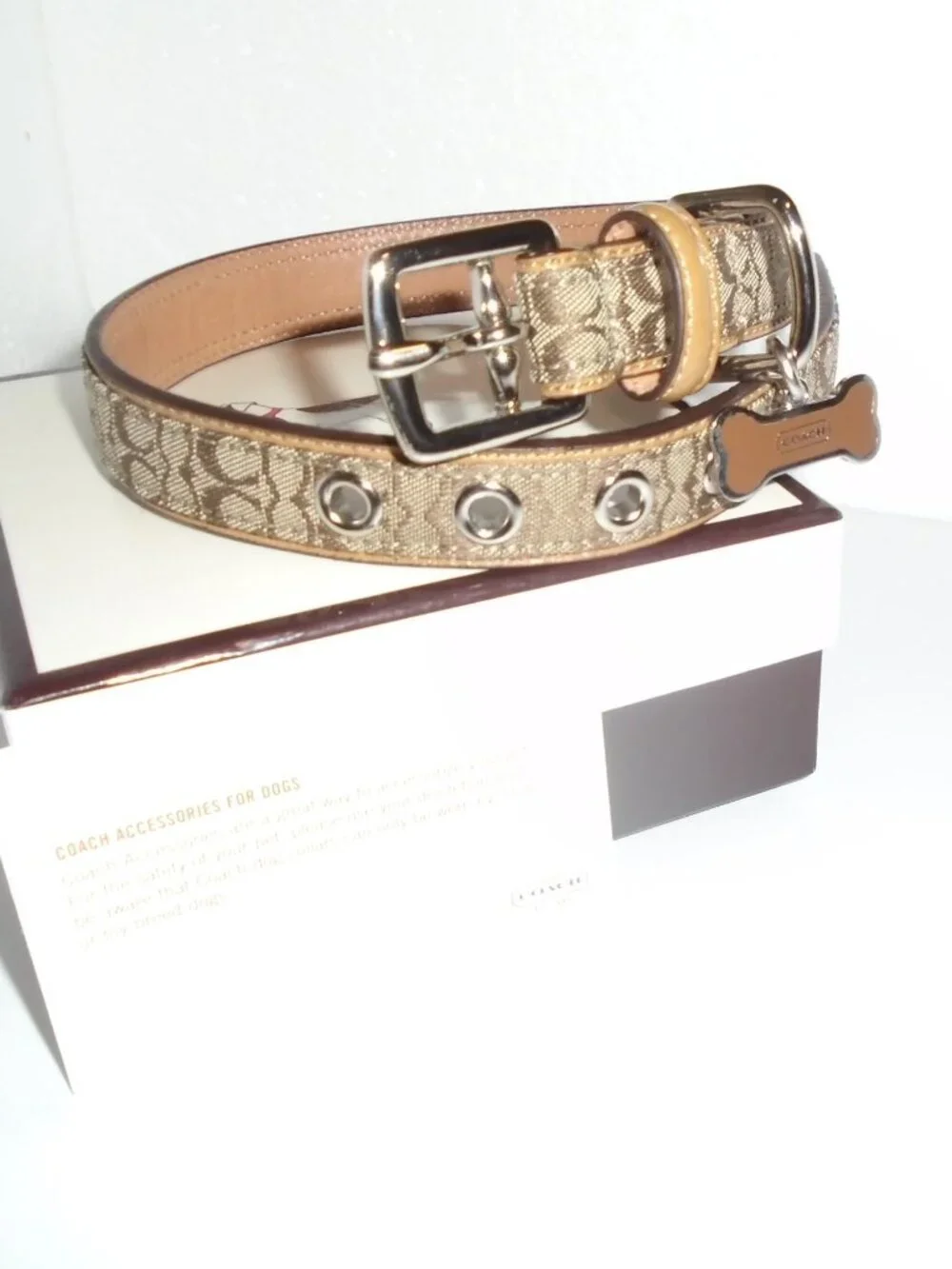 NEW VINTAGE COACH TAN BROWN JACQUARD SIGNATURE C LEATHER DOG COLLAR 60364 SIZE M